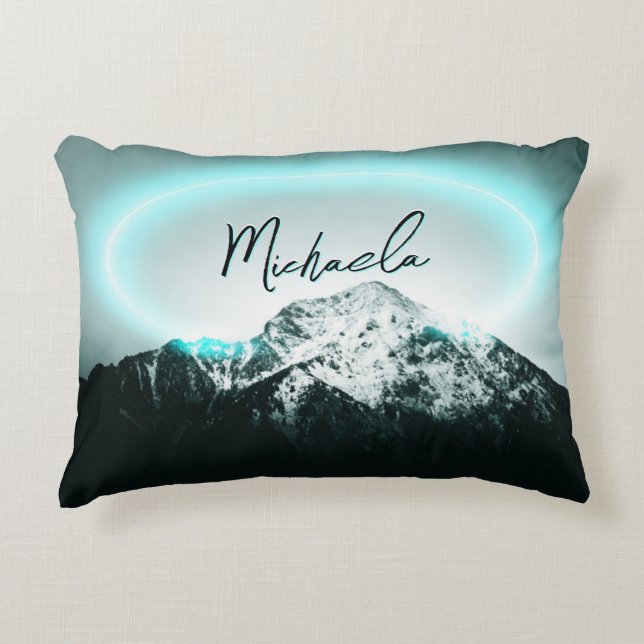 Snowy mountain mysterious blue neon light monogram decorative cushion (Front)
