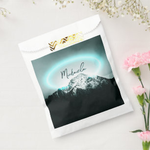 Snowy mountain mysterious blue neon light monogram favour bags
