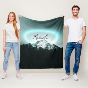 Snowy mountain mysterious blue neon light monogram fleece blanket