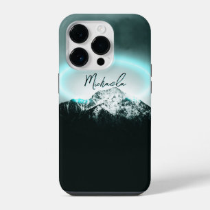 Snowy mountain mysterious blue neon light monogram iPhone 14 pro case