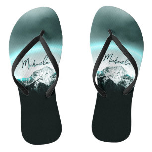 Snowy mountain mysterious blue neon light monogram jandals