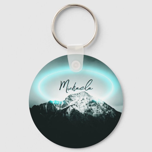 Snowy mountain mysterious blue neon light monogram key ring (Front)