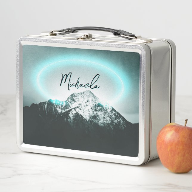 Snowy mountain mysterious blue neon light monogram metal lunch box (In Situ)