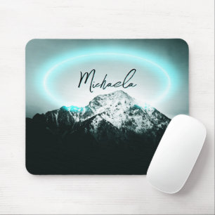 Snowy mountain mysterious blue neon light monogram mouse pad