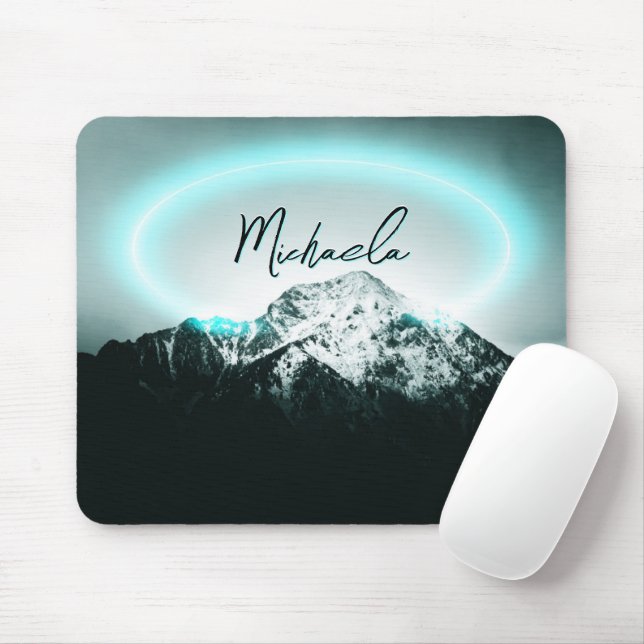 Snowy mountain mysterious blue neon light monogram mouse pad (With Mouse)