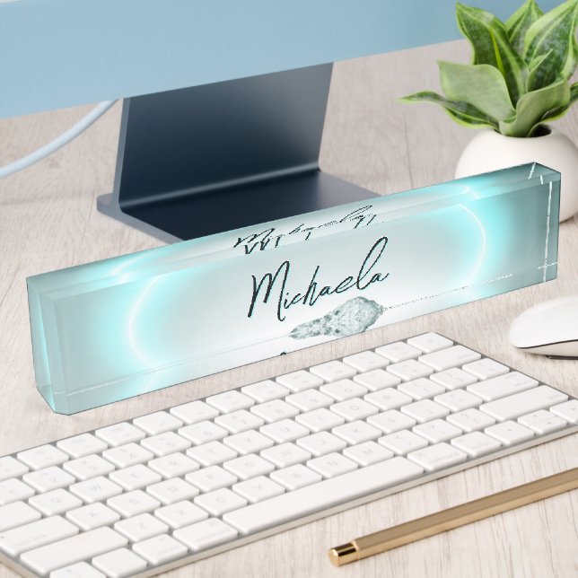 Snowy mountain mysterious blue neon light monogram nameplate