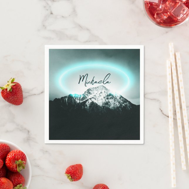 Snowy mountain mysterious blue neon light monogram napkin (Insitu)