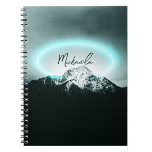 Snowy mountain mysterious blue neon light monogram notebook