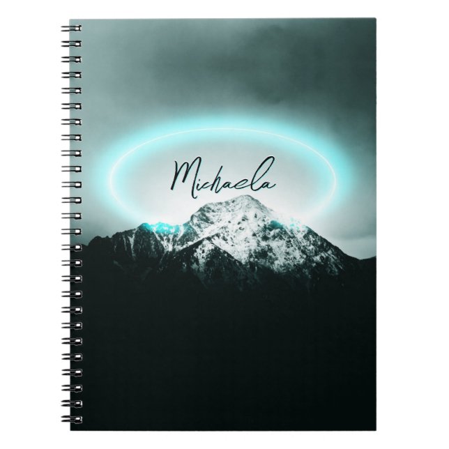 Snowy mountain mysterious blue neon light monogram notebook (Front)