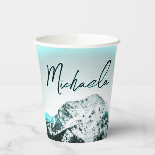 Snowy mountain mysterious blue neon light monogram paper cups