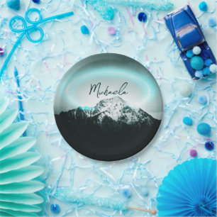 Snowy mountain mysterious blue neon light monogram paper plate