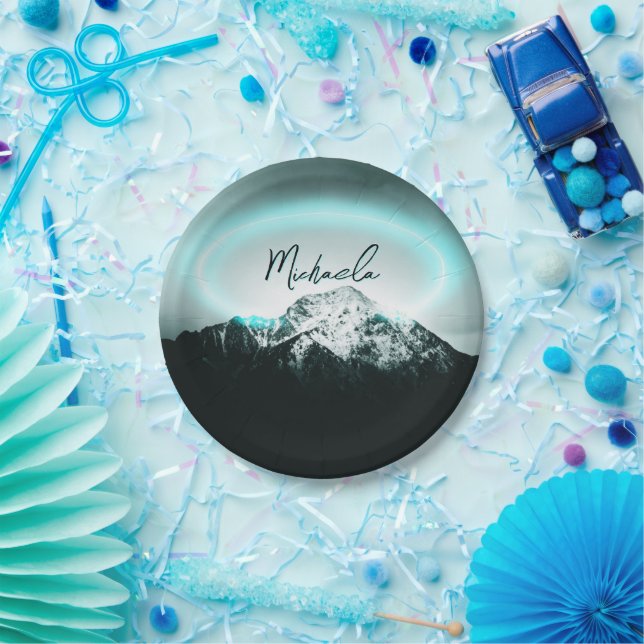 Snowy mountain mysterious blue neon light monogram paper plate (Party)