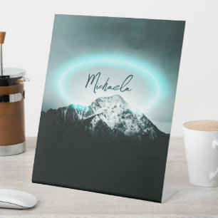 Snowy mountain mysterious blue neon light monogram pedestal sign