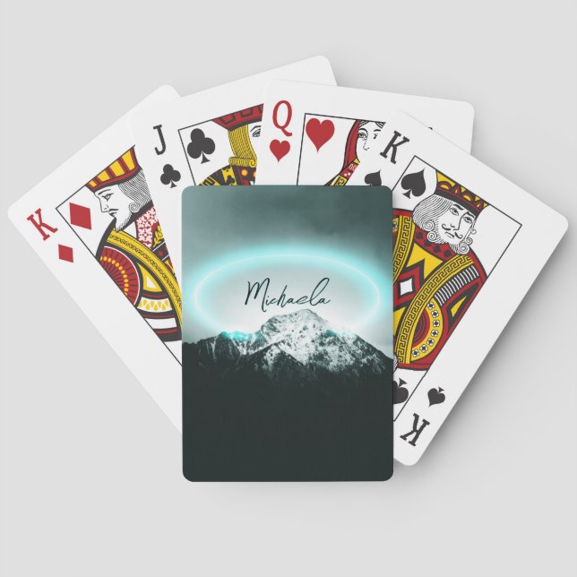 Snowy mountain mysterious blue neon light monogram playing cards (Back)