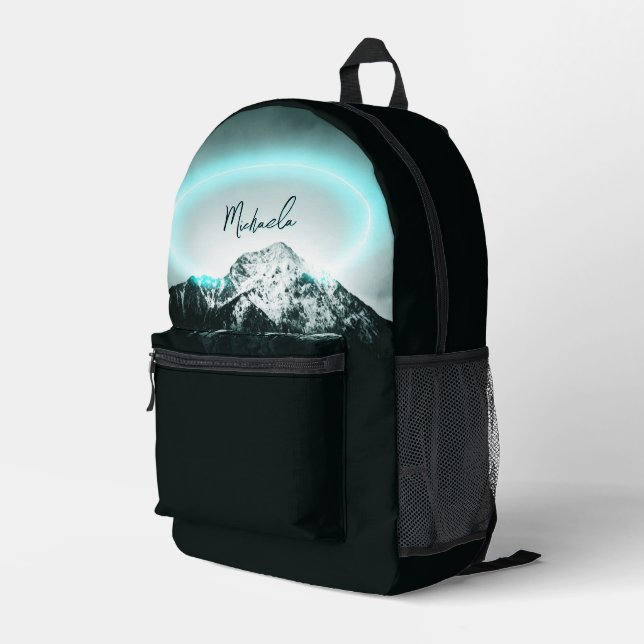 Snowy mountain mysterious blue neon light monogram printed backpack (Back Corner Right)