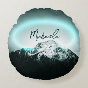 Snowy mountain mysterious blue neon light monogram round cushion