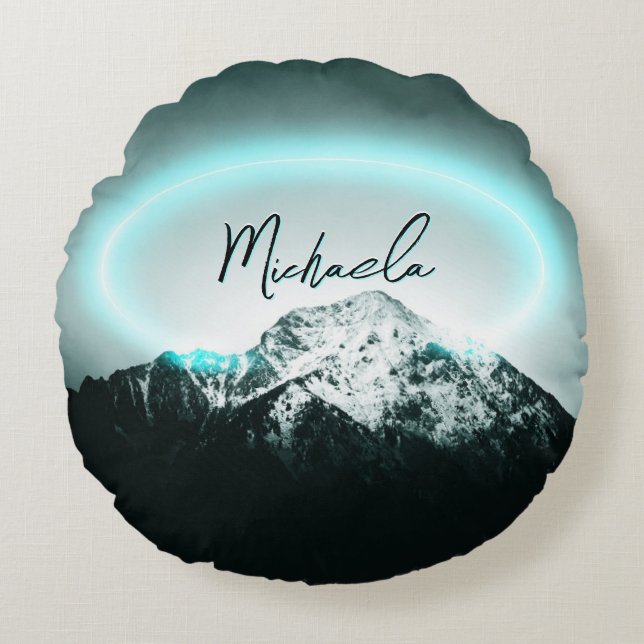 Snowy mountain mysterious blue neon light monogram round cushion (Front)