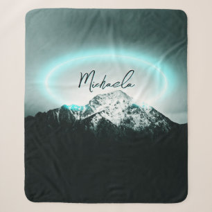 Snowy mountain mysterious blue neon light monogram sherpa blanket
