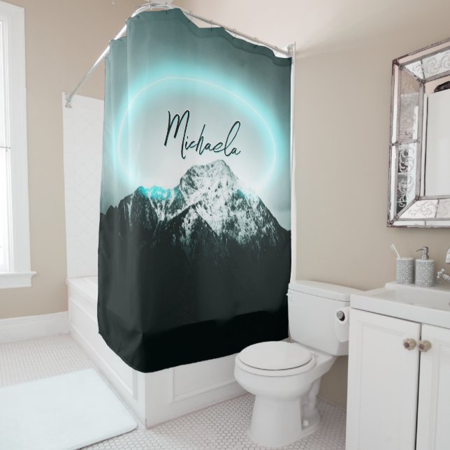 Snowy mountain mysterious blue neon light monogram shower curtain (In Situ)