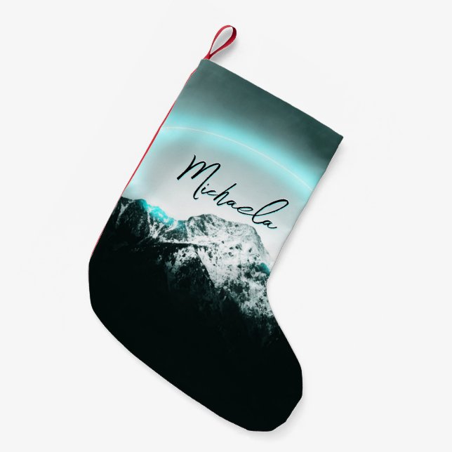 Snowy mountain mysterious blue neon light monogram small christmas stocking (Front (Hanging))