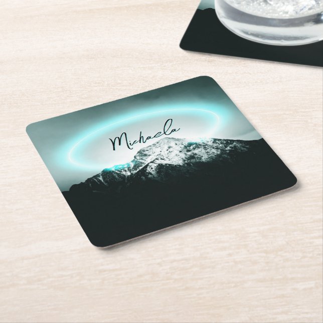 Snowy mountain mysterious blue neon light monogram square paper coaster (Angled)