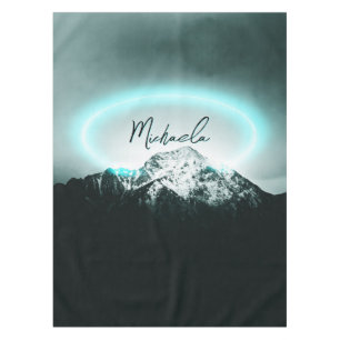 Snowy mountain mysterious blue neon light monogram tablecloth