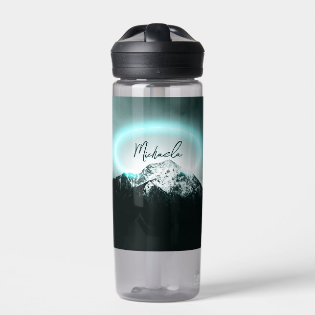 Snowy mountain mysterious blue neon light monogram water bottle (Front)