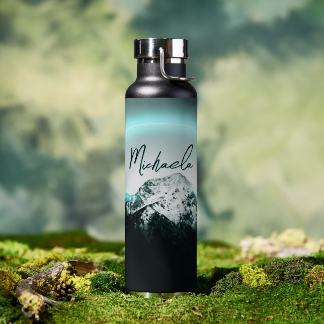 Snowy mountain mysterious blue neon light monogram water bottle (Outdoor)