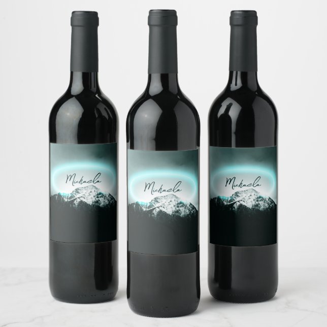 Snowy mountain mysterious blue neon light monogram wine label (Bottles)