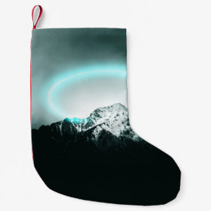 Snowy mountain mysterious blue neon light small christmas stocking