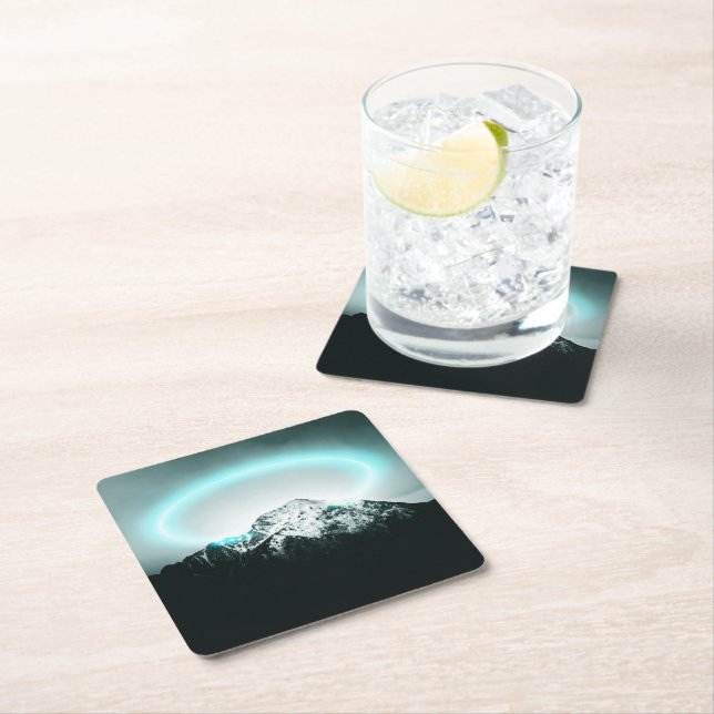 Snowy mountain mysterious blue neon light square paper coaster (Insitu)