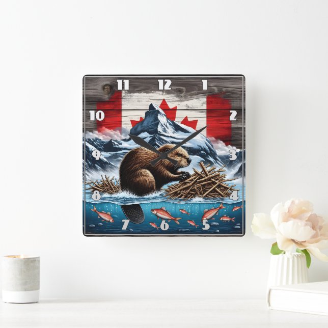 Snowy Mountain, Ocean, Canadian Beaver Square Wall Clock (Home)