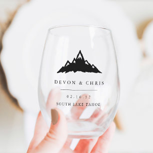 Snowy Mountain Peak Destination Wedding Favour Stemless Wine Glass