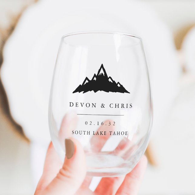 Snowy Mountain Peak Destination Wedding Favour Stemless Wine Glass (Creator Uploaded)
