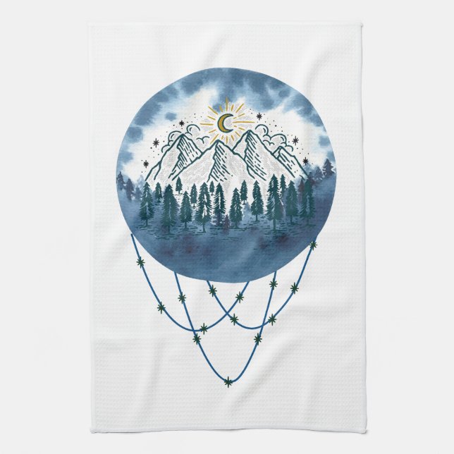 Snowy Mountain Pine Tree Nature Adventure Outdoor Tea Towel (Vertical)