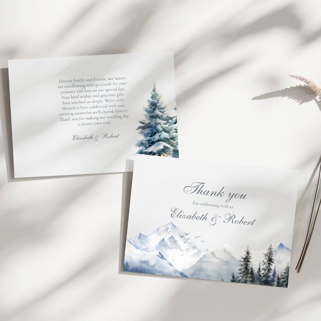 Snowy Mountain & Pine Trees Wedding Thank You Card (Snowy Mountain & Pine Trees Wedding Thank You Card on a sunny white table.)