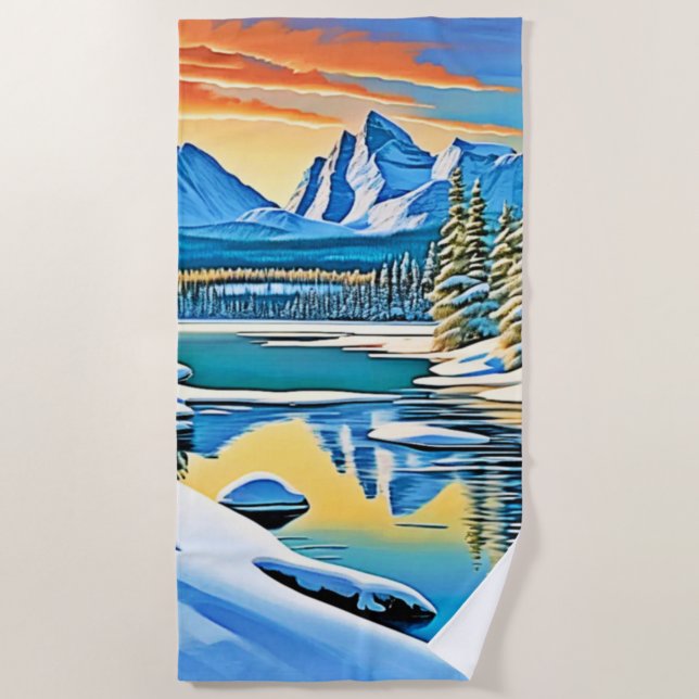 Snowy Mountain Reflection Beach Towel (Front)