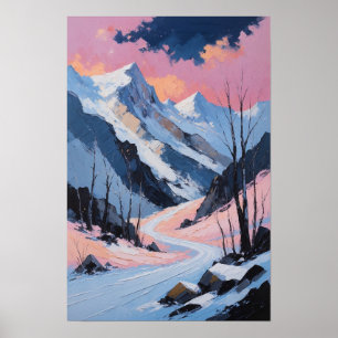 Snowy Mountain Road Winter Landscape Painting Poster