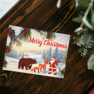 Snowy Mountain Santa with Forest Animals Holiday Card