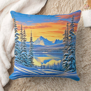 Snowy Mountain Sunset Glow Cushion