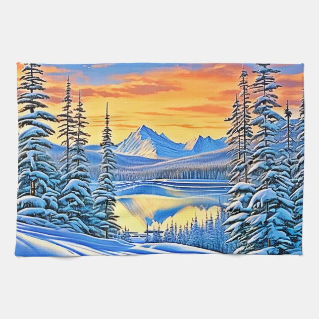 Snowy Mountain Sunset Glow Tea Towel (Horizontal)