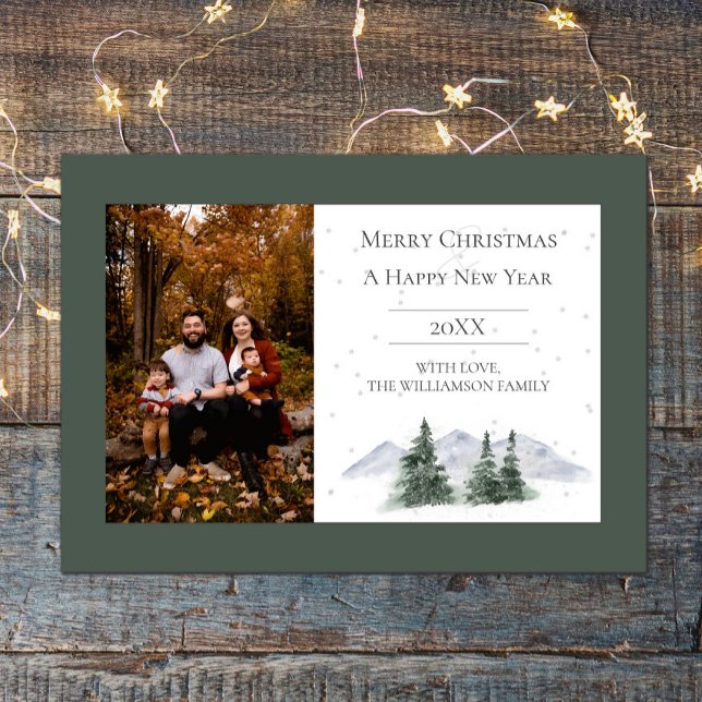 Snowy Mountain Top | Green Photo Holiday Card (Green Snowy Mountain Top Holiday Photo Card)