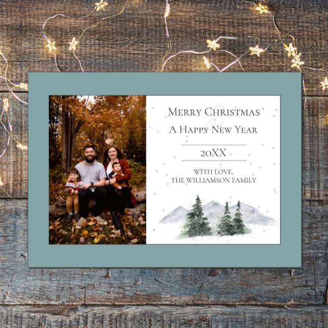 Snowy Mountain Top | Teal Photo Holiday Card (Teal Snowy Mountain Top Holiday Photo Card)