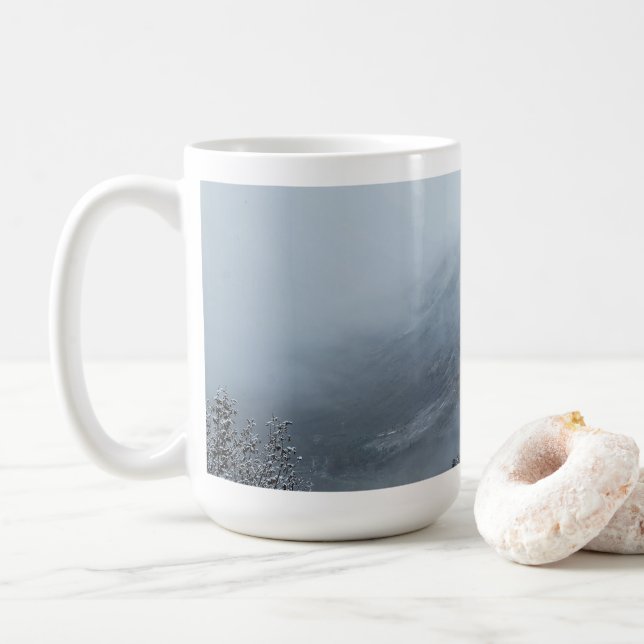 Snowy Mountain Trail Winter Landscape Coffee Mug (With Donut)