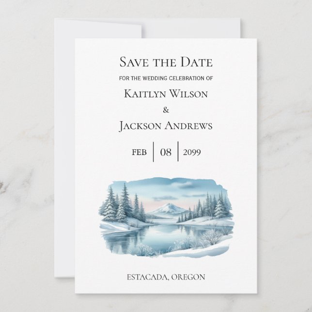 Snowy Mountain Winter Lake Save the Date (Front)