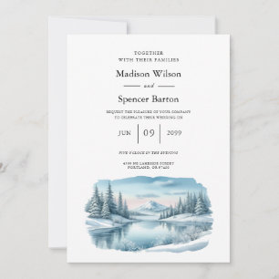 Snowy Mountain Winter Lake Wedding Invitation
