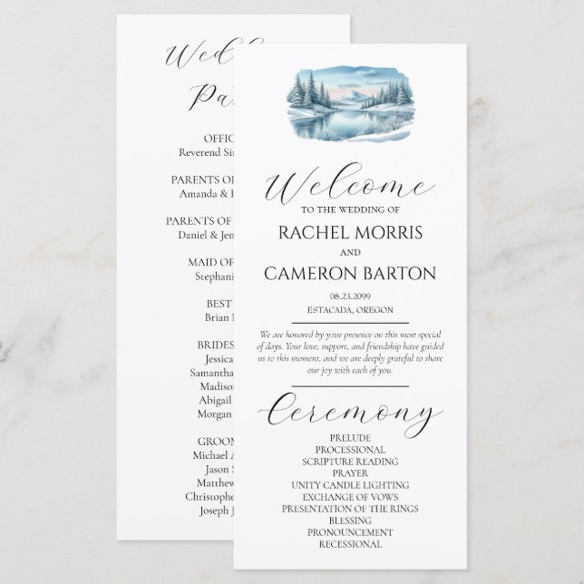 Snowy Mountain Winter Lake Wedding Program (Front/Back)