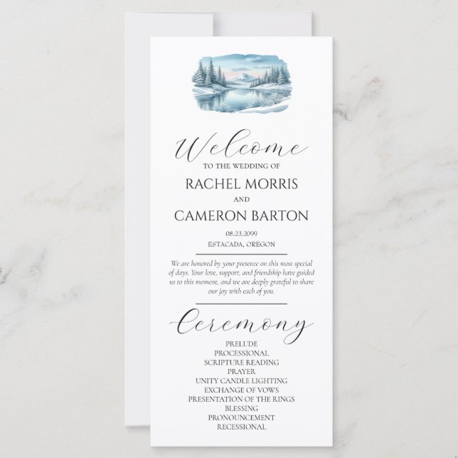 Snowy Mountain Winter Lake Wedding Program (Front)