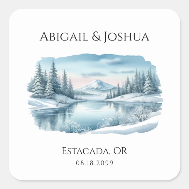 Snowy Mountain Winter Lake Wedding Square Sticker (Front)