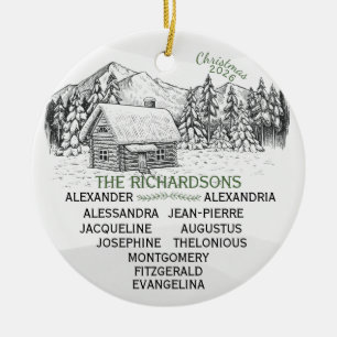 Snowy Mountain Winter Log Cabin X11 Ceramic Tree Decoration